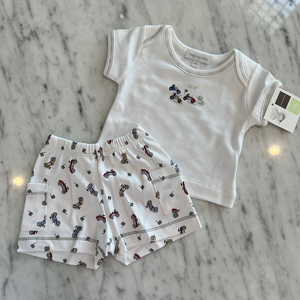 New Magnolia Baby Appliqué Embroidered Race Car 2 Piece Short Set
